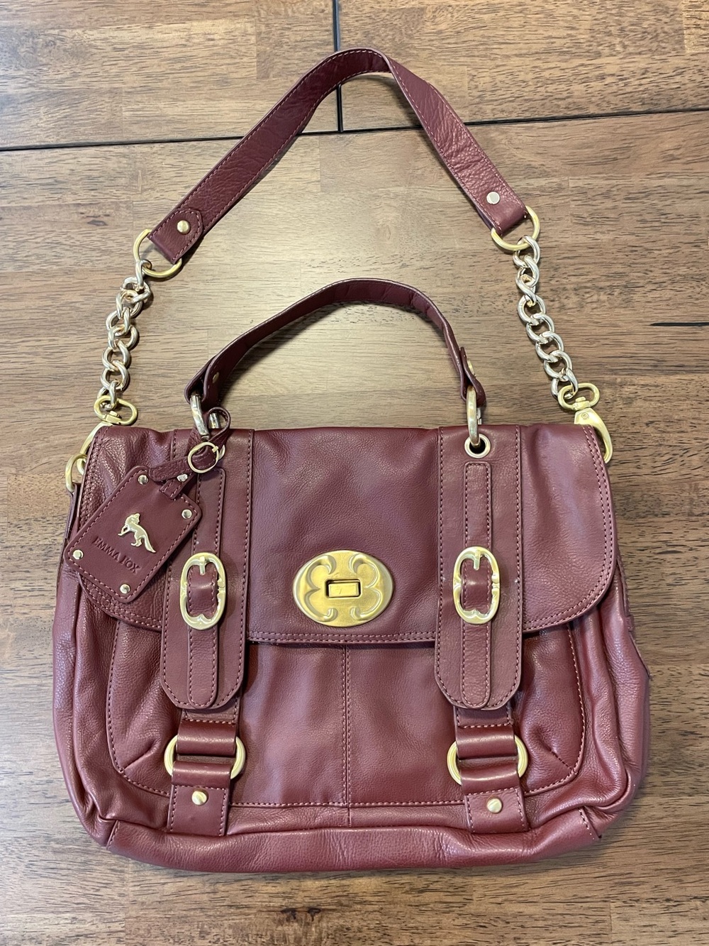 Emma Fox Burgundy Leather Turn- Lock Satchel with Gold Chain Strap